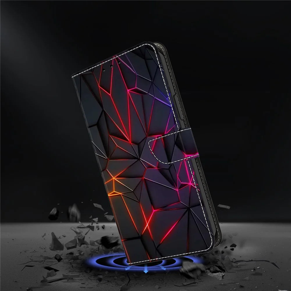 For iPhone 18 Pro / 17 Pro Case with Card Slot Pattern Printed TPU + PU Leather Flip Phone Cover - Red Cracks - 4