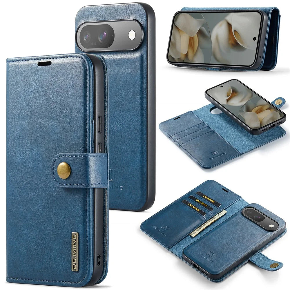 DG.MING for Google Pixel 10 Pro  /  Pixel 10 Case Detachable Split Leather Phone Cover - Blue - 1
