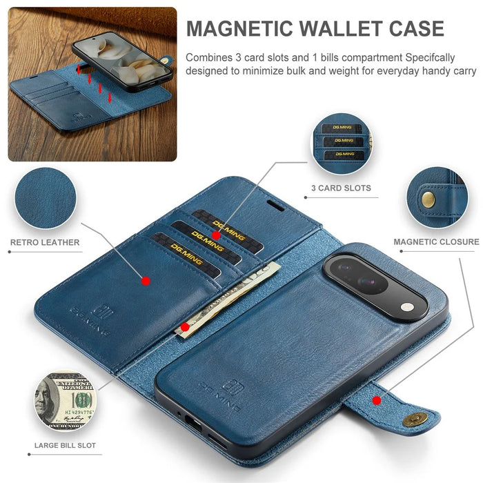 DG.MING for Google Pixel 10 Pro  /  Pixel 10 Case Detachable Split Leather Phone Cover - Blue - 4