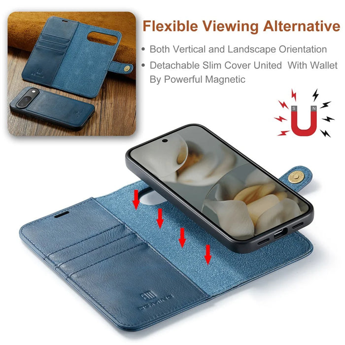 DG.MING for Google Pixel 10 Pro  /  Pixel 10 Case Detachable Split Leather Phone Cover - Blue - 6