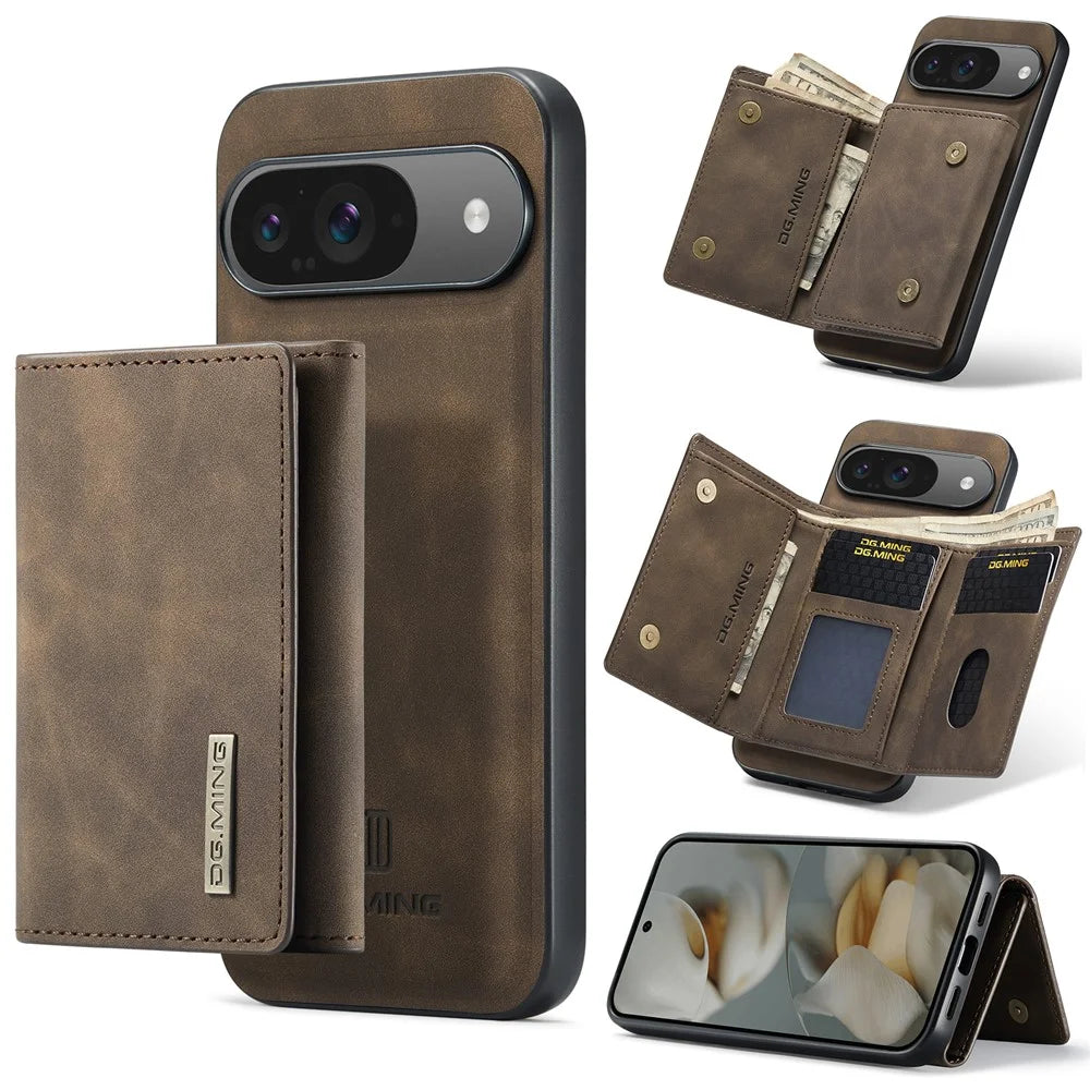 DG.MING M1 Series for Google Pixel 10 Pro  /  Pixel 10 Case Kickstand PU Phone Cover with Detachable Wallet - Coffee - 1