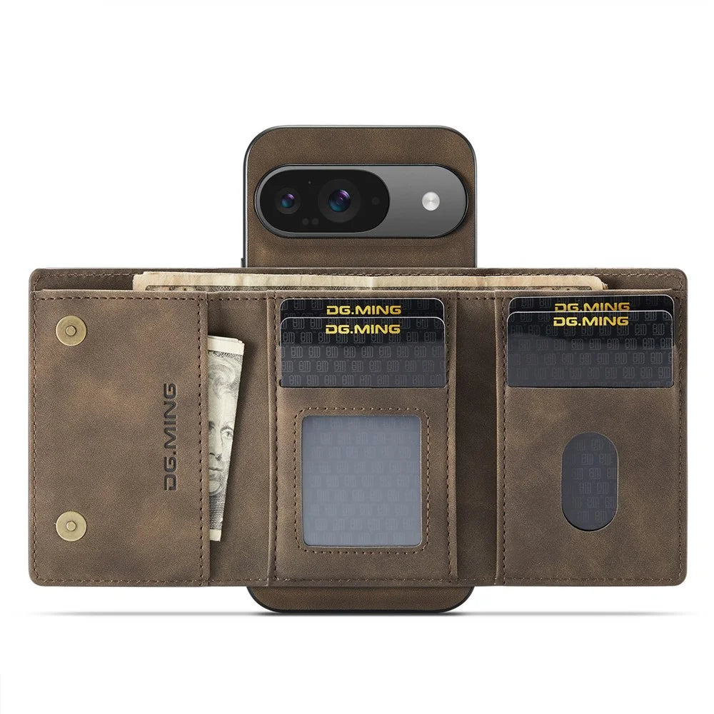 DG.MING M1 Series for Google Pixel 10 Pro  /  Pixel 10 Case Kickstand PU Phone Cover with Detachable Wallet - Coffee - 2
