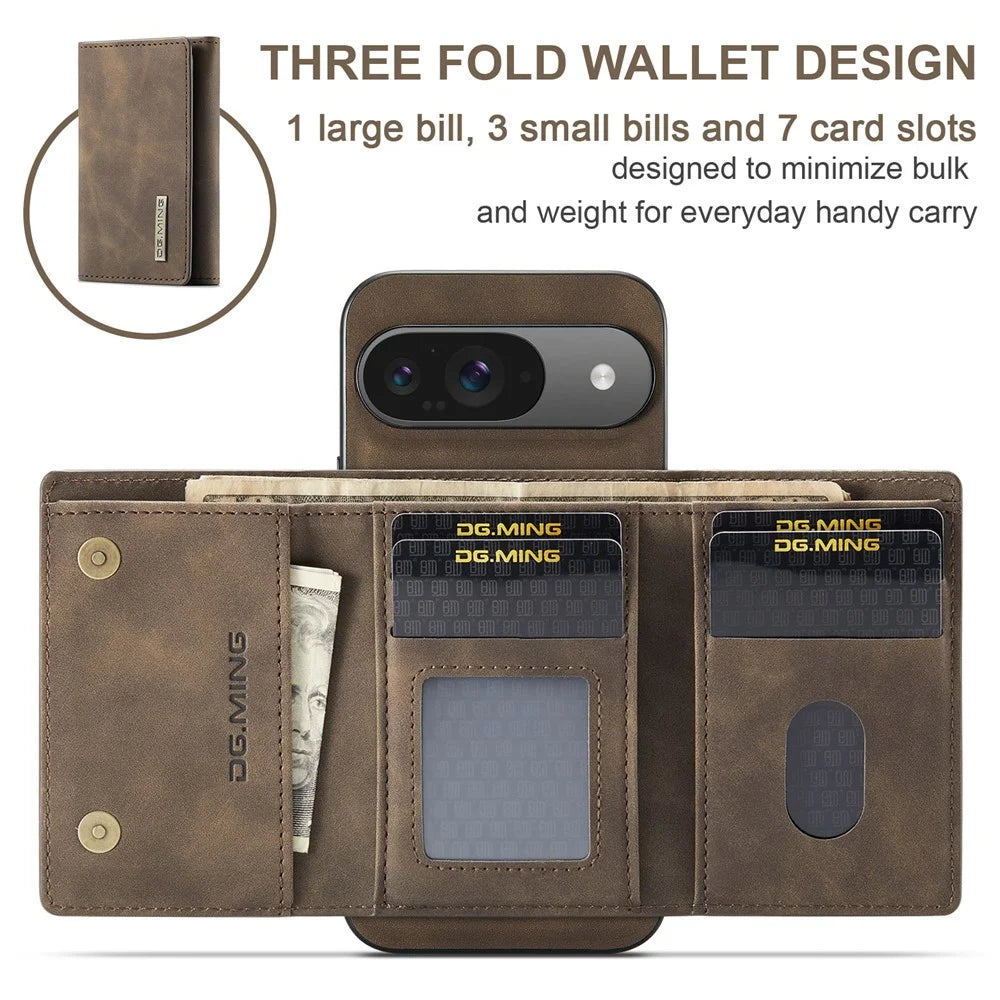 DG.MING M1 Series for Google Pixel 10 Pro  /  Pixel 10 Case Kickstand PU Phone Cover with Detachable Wallet - Coffee - 5