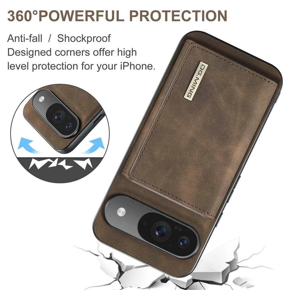 DG.MING M1 Series for Google Pixel 10 Pro  /  Pixel 10 Case Kickstand PU Phone Cover with Detachable Wallet - Coffee - 6