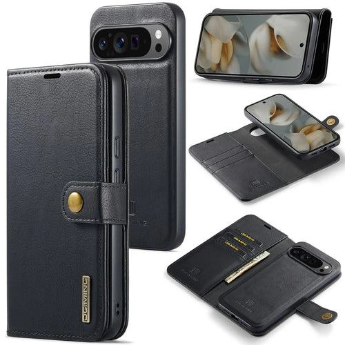 DG.MING for Google Pixel 10 Pro XL Case Detachable Split Leather Phone Cover - Black - 1