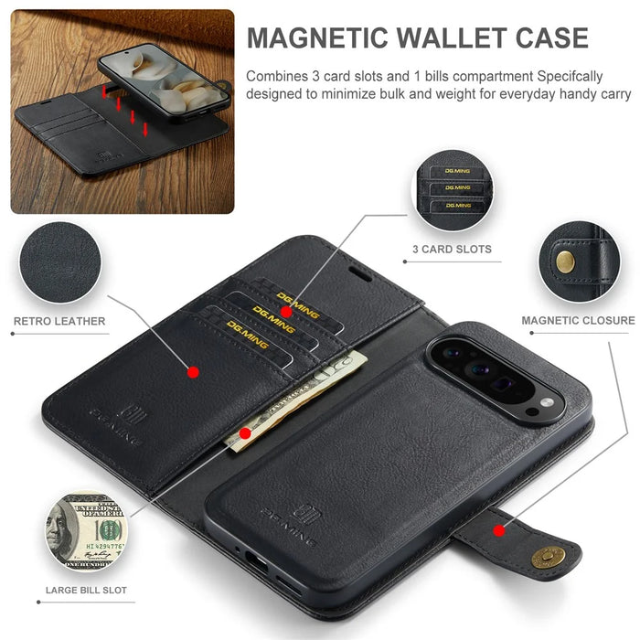DG.MING for Google Pixel 10 Pro XL Case Detachable Split Leather Phone Cover - Black - 5