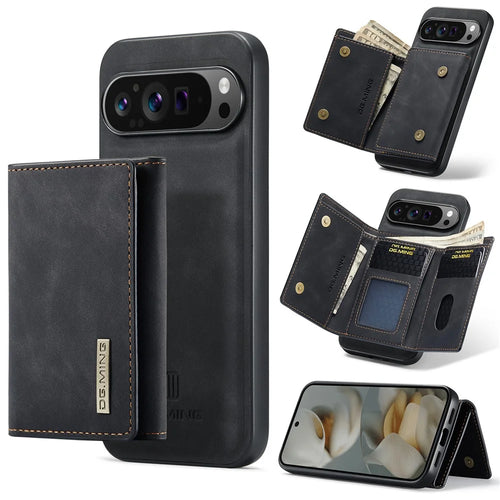 DG.MING M1 Series for Google Pixel 10 Pro XL Case Kickstand PU Phone Cover with Detachable Wallet - Black - 1