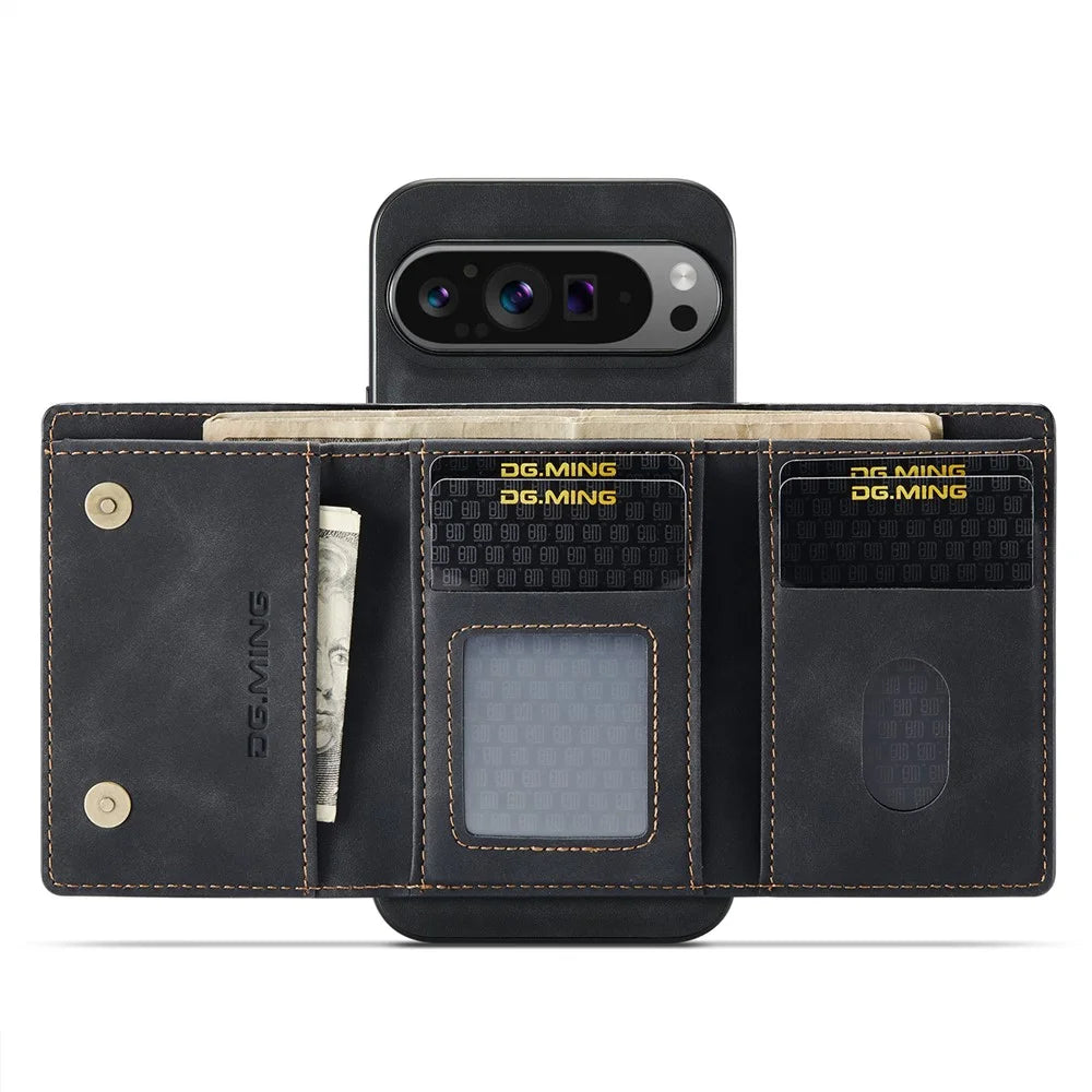 DG.MING M1 Series for Google Pixel 10 Pro XL Case Kickstand PU Phone Cover with Detachable Wallet - Black - 2