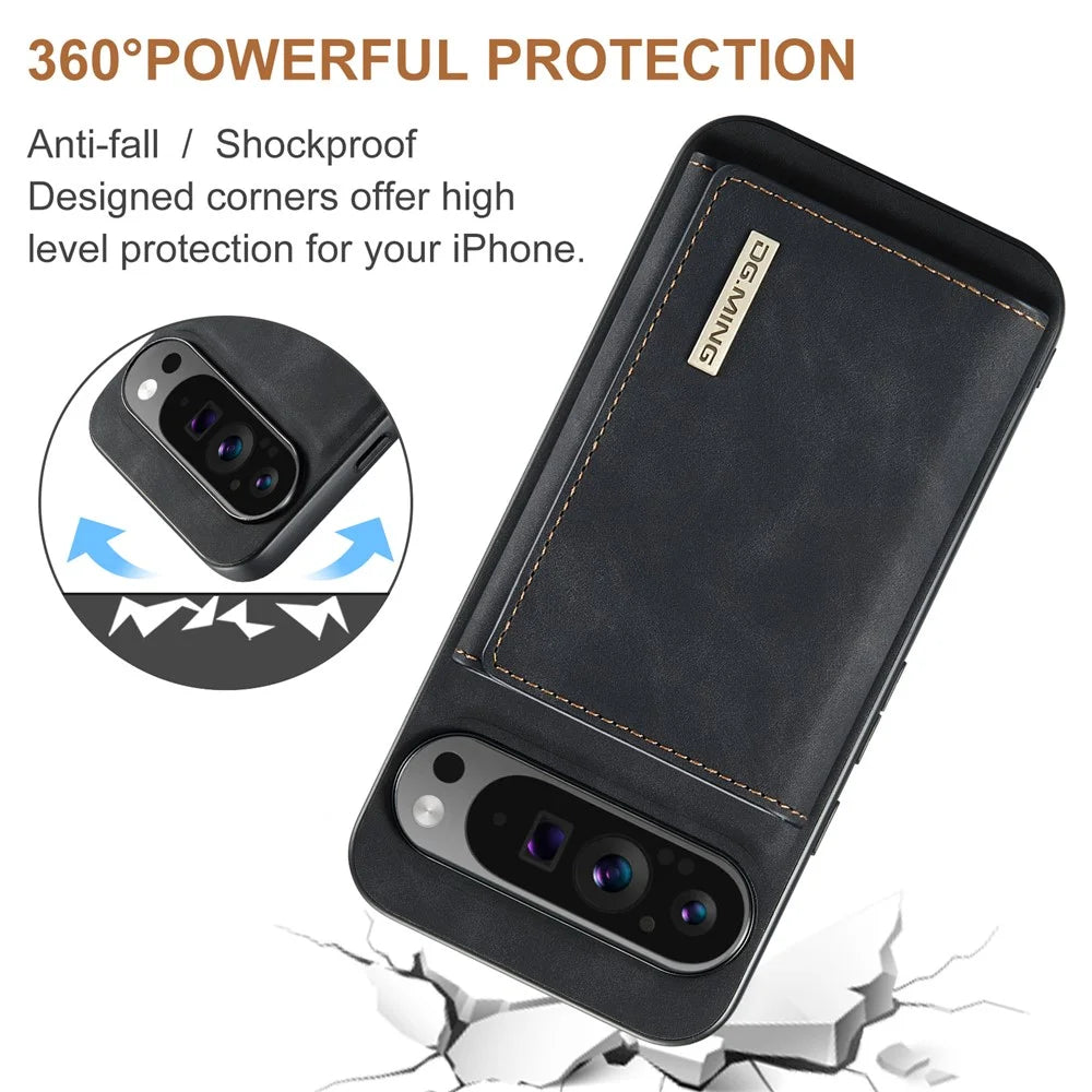 DG.MING M1 Series for Google Pixel 10 Pro XL Case Kickstand PU Phone Cover with Detachable Wallet - Black - 5