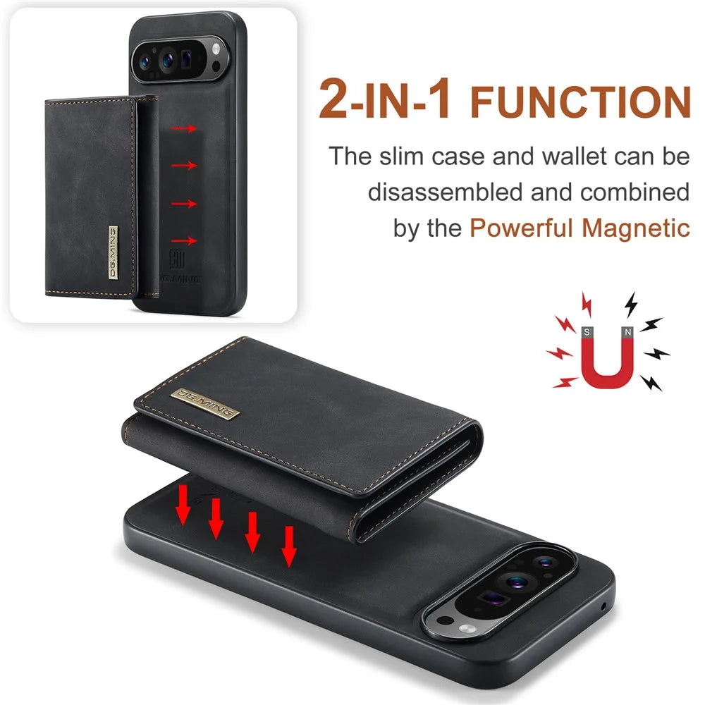 DG.MING M1 Series for Google Pixel 10 Pro XL Case Kickstand PU Phone Cover with Detachable Wallet - Black - 6