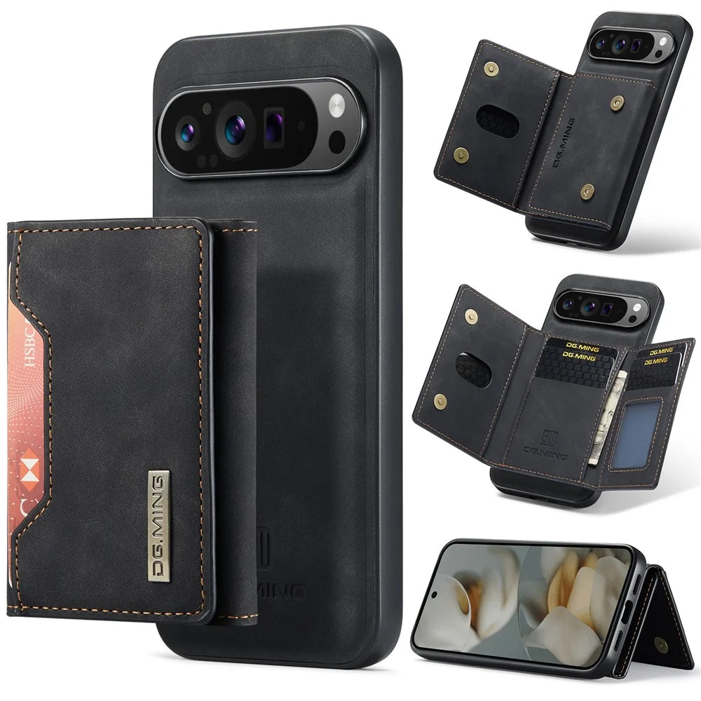 DG.MING M2 Series for Google Pixel 10 Pro XL Case PU + PC + TPU Phone Cover Detachable Wallet - Black - 1