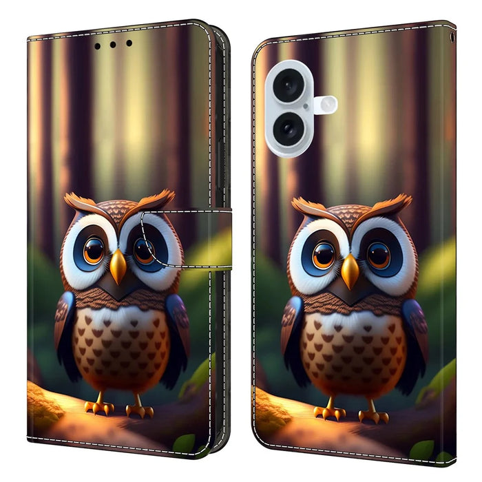 For iPhone 17 Leather Case Pattern Printing Wallet Stand Flip Phone Cover - Brown Little Owl - 1