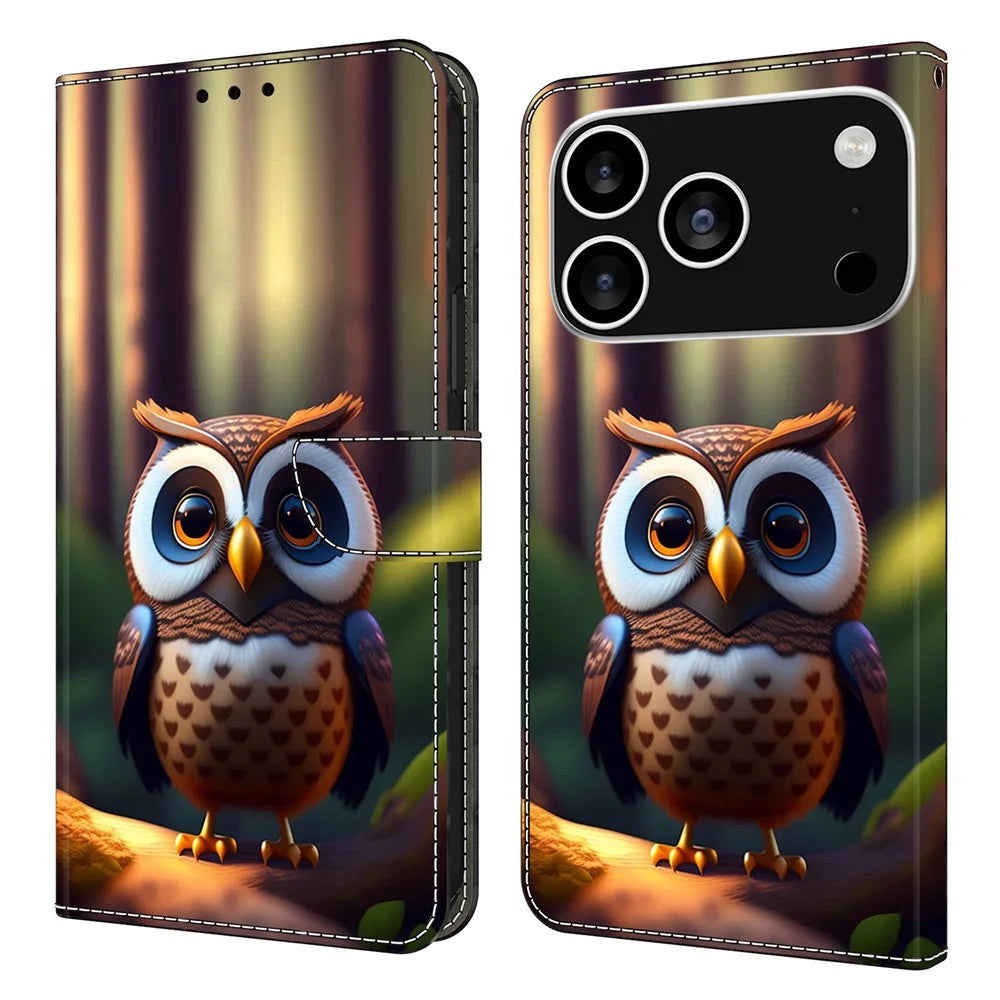 For iPhone 18 Pro Max / 17 Pro Max Leather Case Pattern Printing Wallet Stand Flip Phone Cover - Brown Little Owl - 1