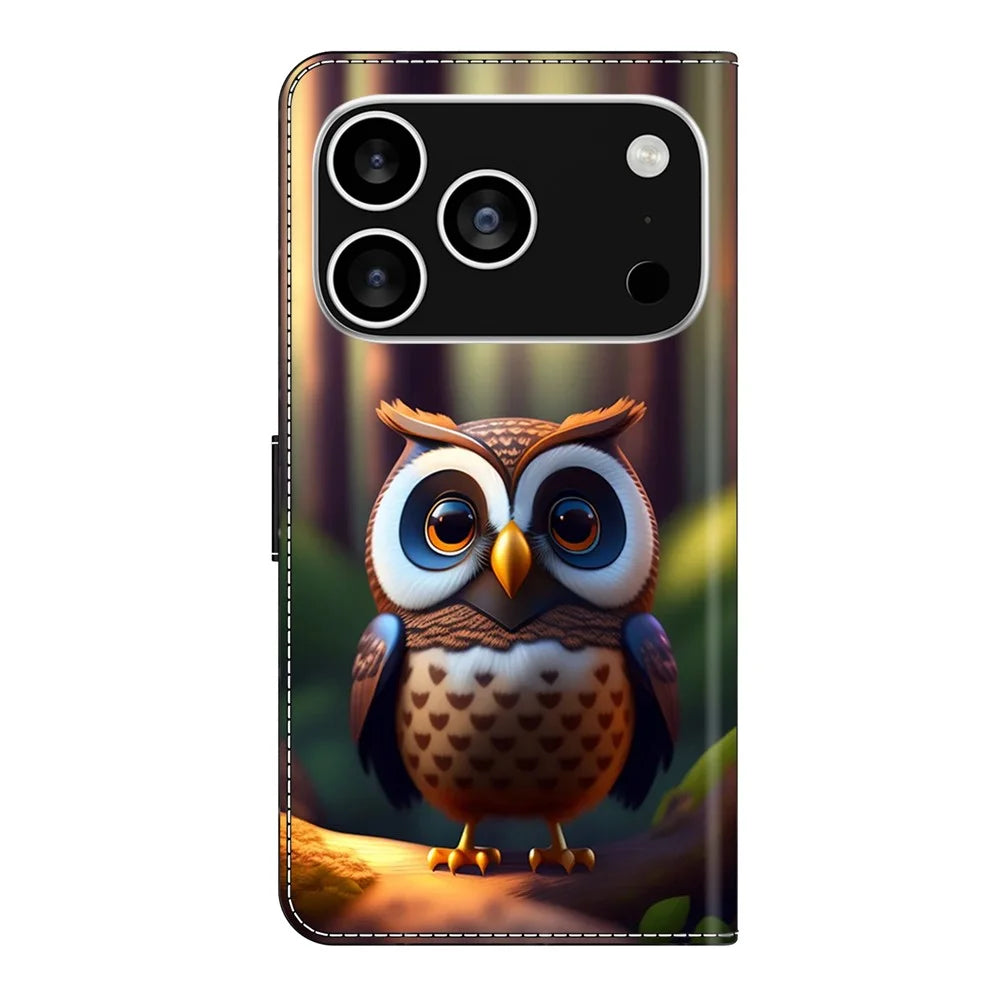 For iPhone 18 Pro Max / 17 Pro Max Leather Case Pattern Printing Wallet Stand Flip Phone Cover - Brown Little Owl - 5