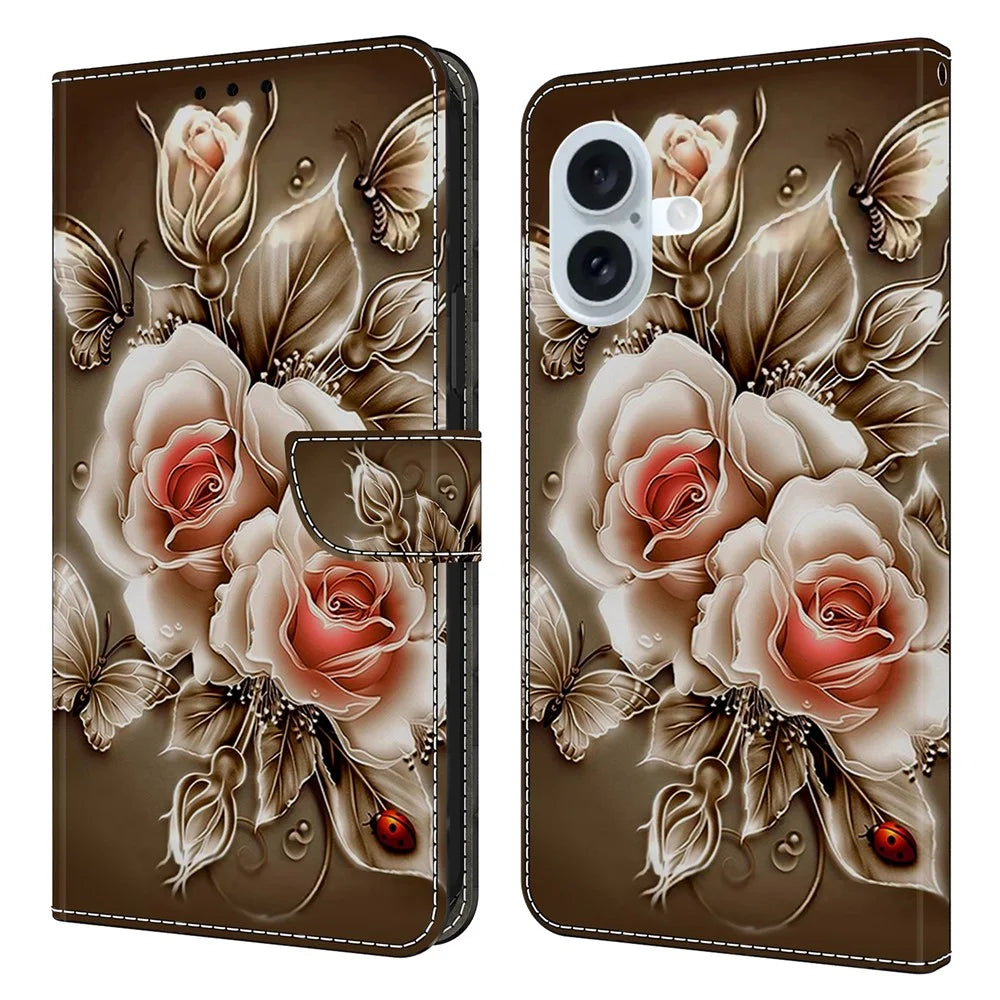 For iPhone 17 Case Wallet Stand Pattern Printing PU Leather Flip Phone Cover - Brown Rose - 1