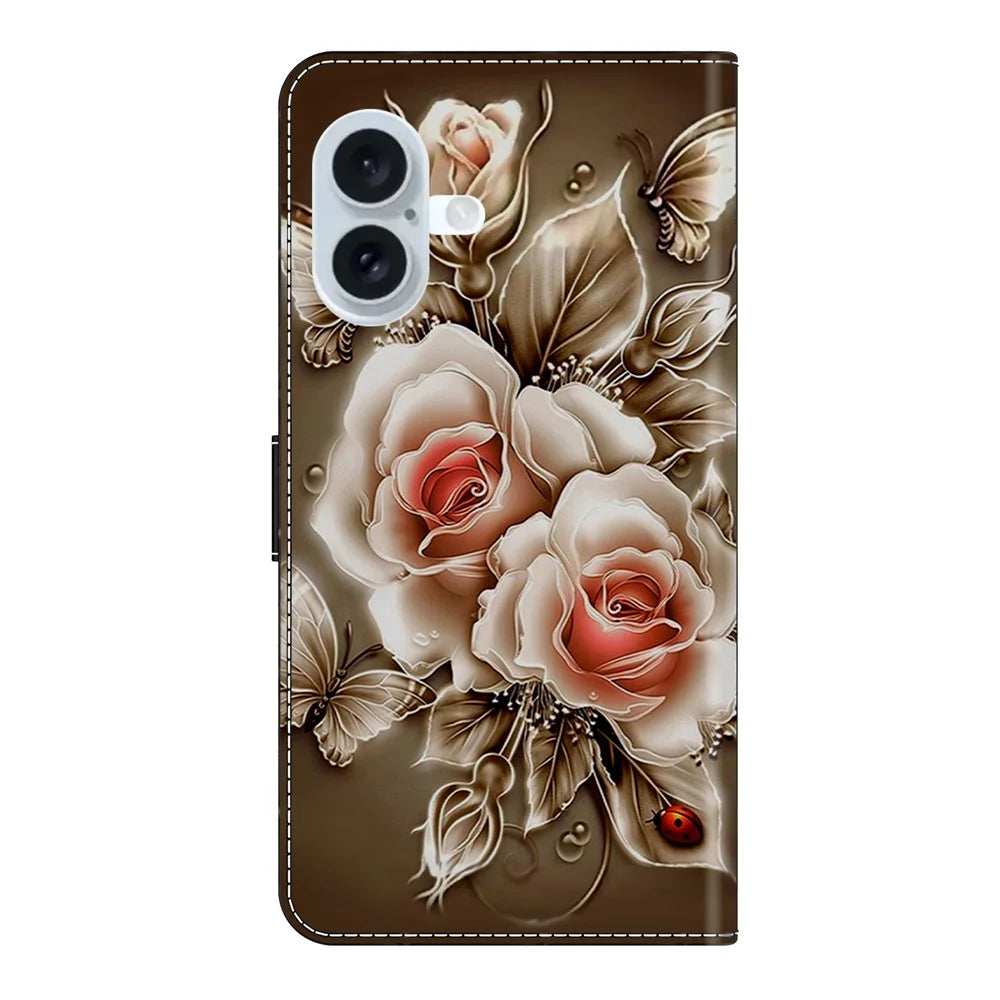 For iPhone 17 Case Wallet Stand Pattern Printing PU Leather Flip Phone Cover - Brown Rose - 7