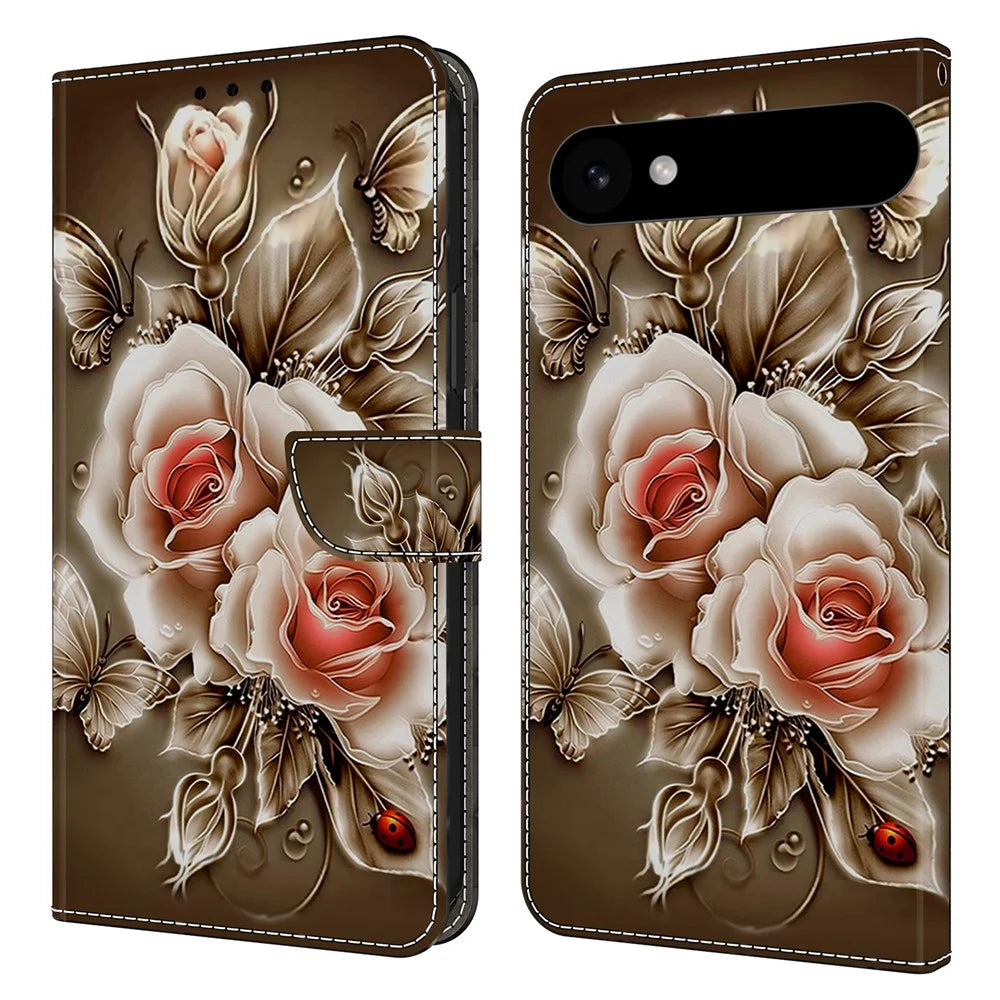 For iPhone Air Case Wallet Stand Pattern Printing PU Leather Flip Phone Cover - Brown Rose - 1