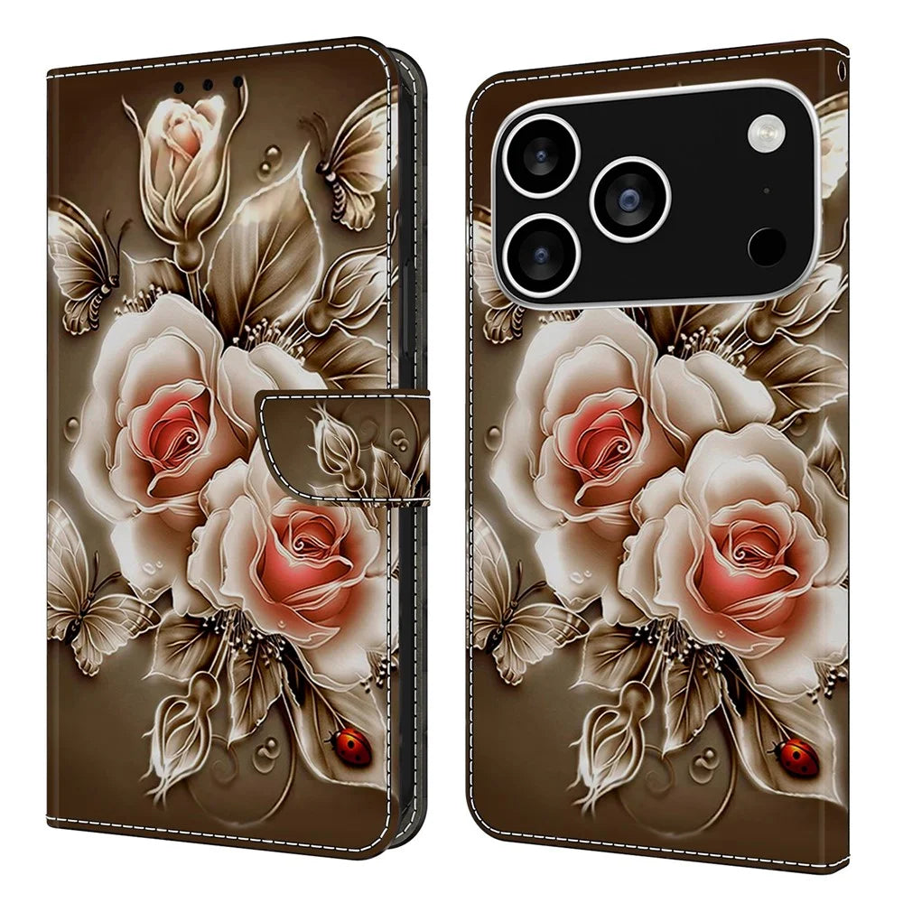 For iPhone 18 Pro / 17 Pro Case Wallet Stand Pattern Printing PU Leather Flip Phone Cover - Brown Rose - 1