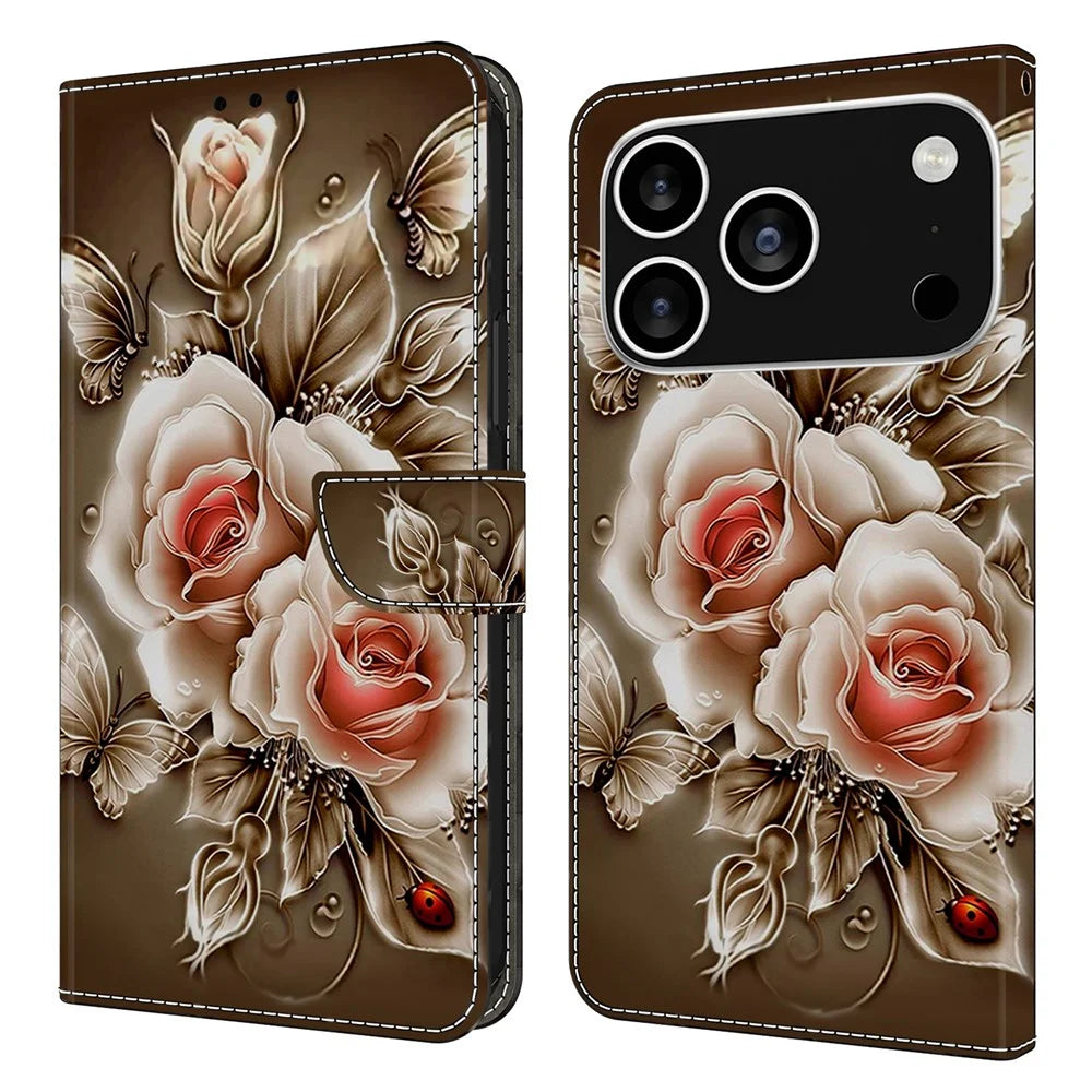For iPhone 18 Pro Max / 17 Pro Max Case Wallet Stand Pattern Printing PU Leather Flip Phone Cover - Brown Rose - 1