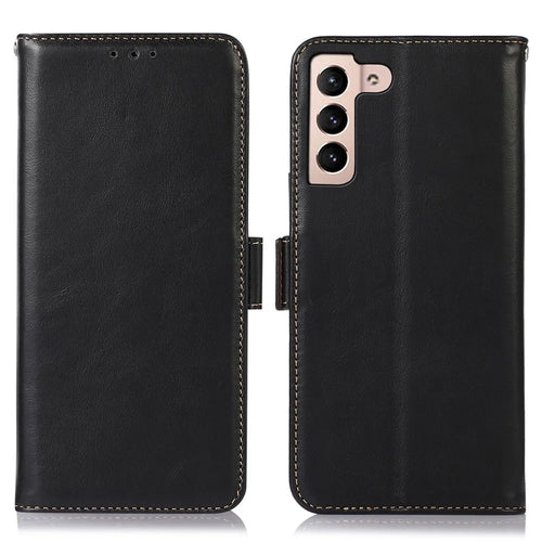 For Samsung Galaxy S23 RFID Blocking Genuine Cowhide Leather Wallet Cover Crazy Horse Texture Magnetic Clasp Stand Book Protective Phone Case - Black - 1