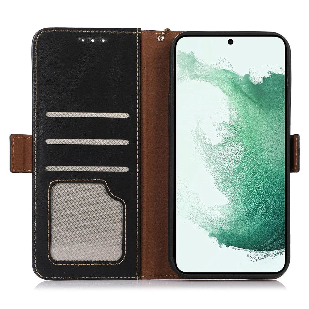 For Samsung Galaxy S23 RFID Blocking Genuine Cowhide Leather Wallet Cover Crazy Horse Texture Magnetic Clasp Stand Book Protective Phone Case - Black - 2