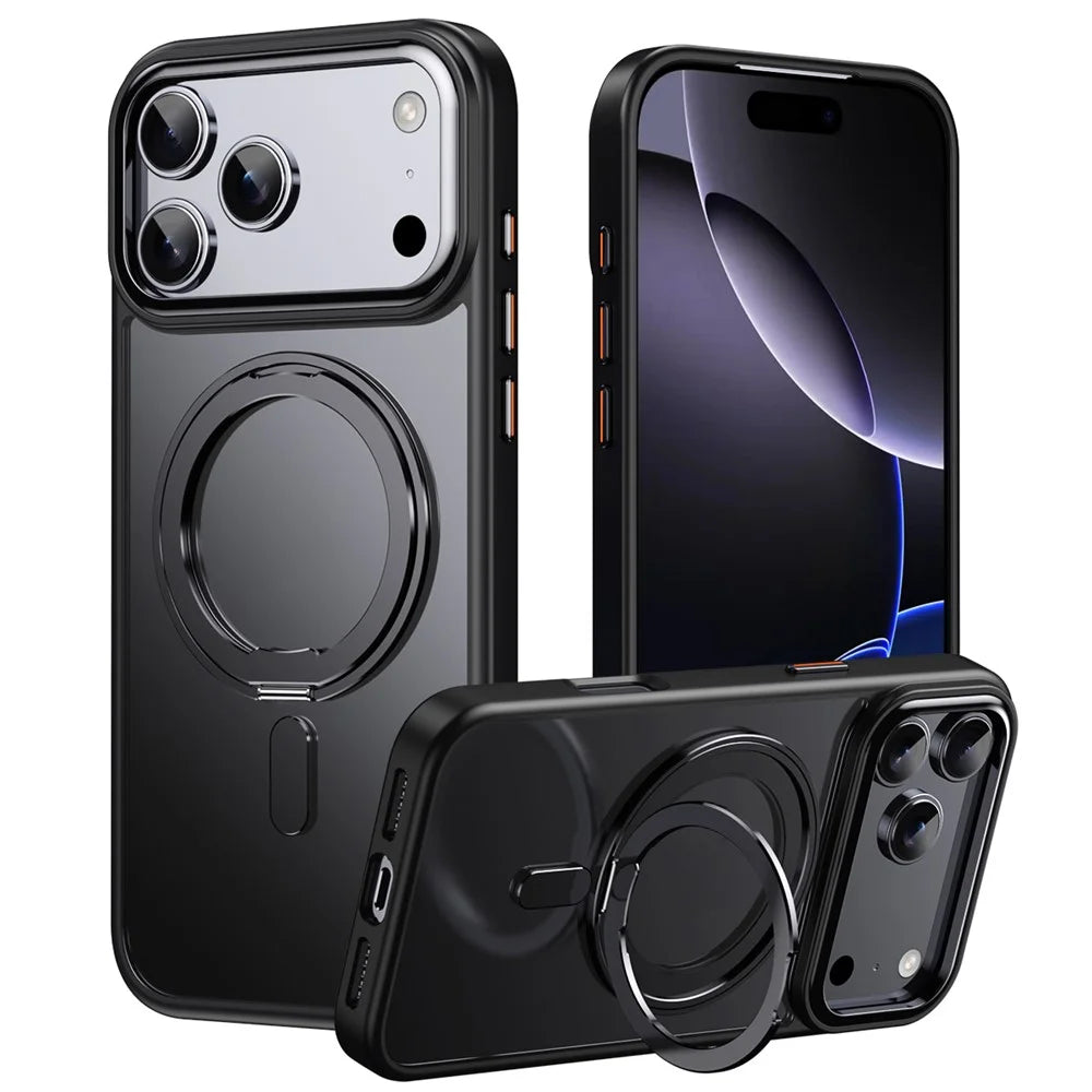 For iPhone 17 Pro Case Compatible with MagSafe TPU + Acrylic + Metal Kickstand Matte Phone Cover - Black - 1