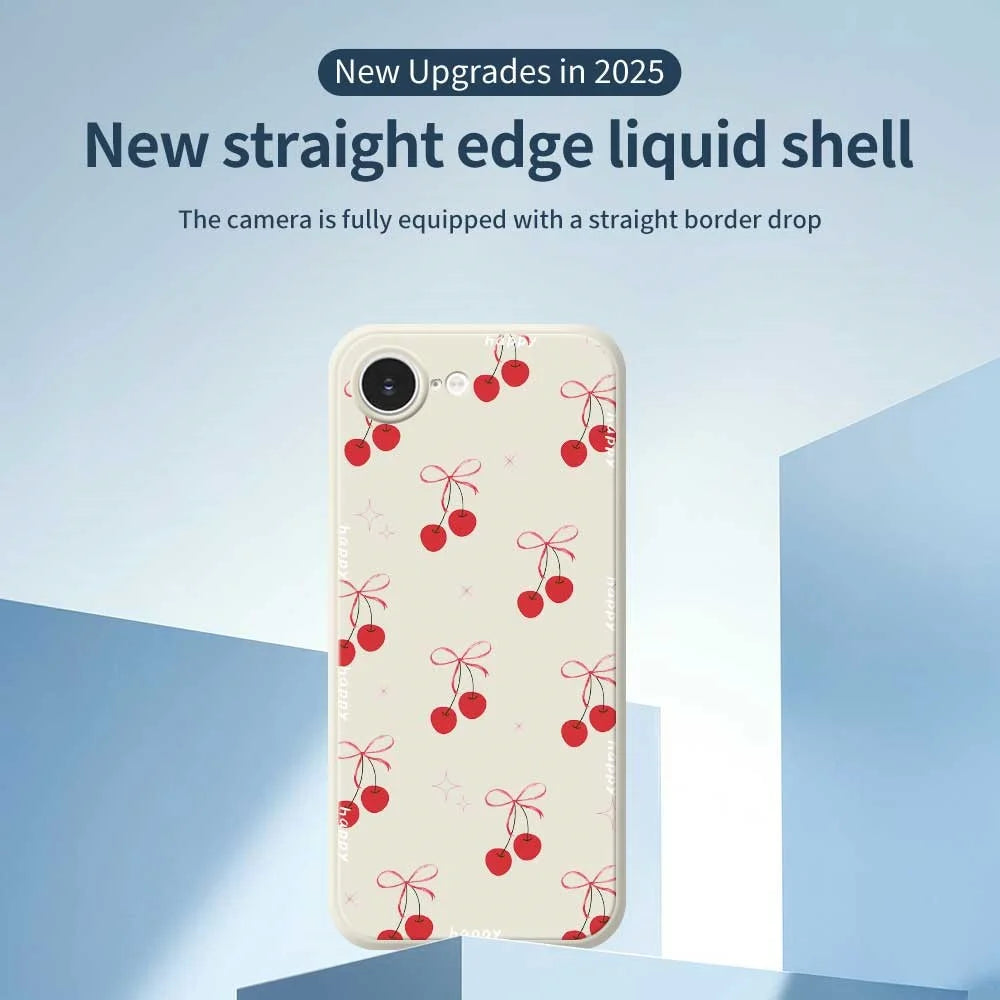 For iPhone 17e / 16e Case Cute Bow Cherry Pattern Printing Straight Edge TPU Phone Back Cover - Beige - 2