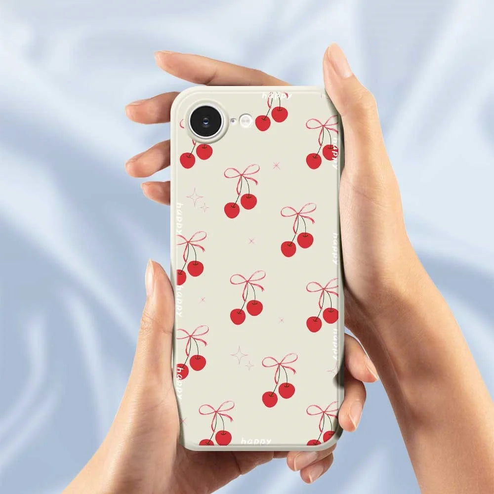 For iPhone 17e / 16e Case Cute Bow Cherry Pattern Printing Straight Edge TPU Phone Back Cover - Beige - 4