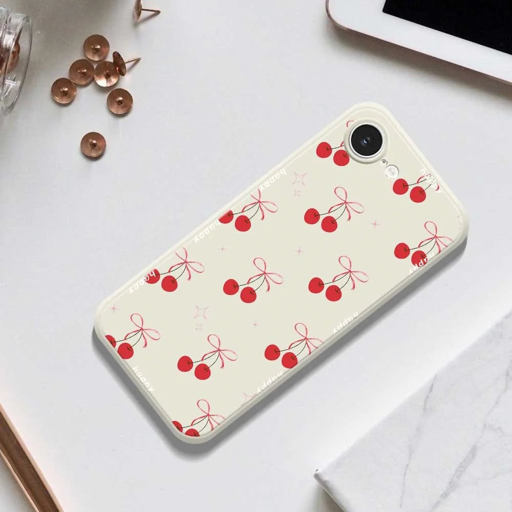 For iPhone 17e / 16e Case Cute Bow Cherry Pattern Printing Straight Edge TPU Phone Back Cover - Beige - 6