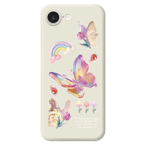 For iPhone 17e / 16e Case Colored Butterfly Flower Pattern Printing Straight Edge TPU Phone Back Cover - Beige - 1