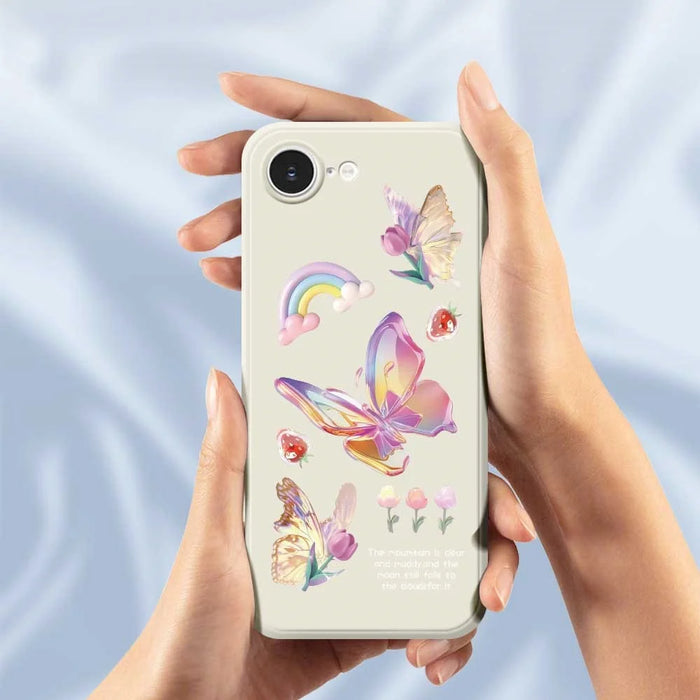 For iPhone 17e / 16e Case Colored Butterfly Flower Pattern Printing Straight Edge TPU Phone Back Cover - Beige - 4