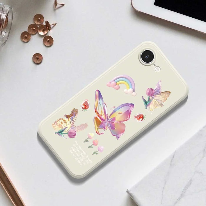 For iPhone 17e / 16e Case Colored Butterfly Flower Pattern Printing Straight Edge TPU Phone Back Cover - Beige - 6