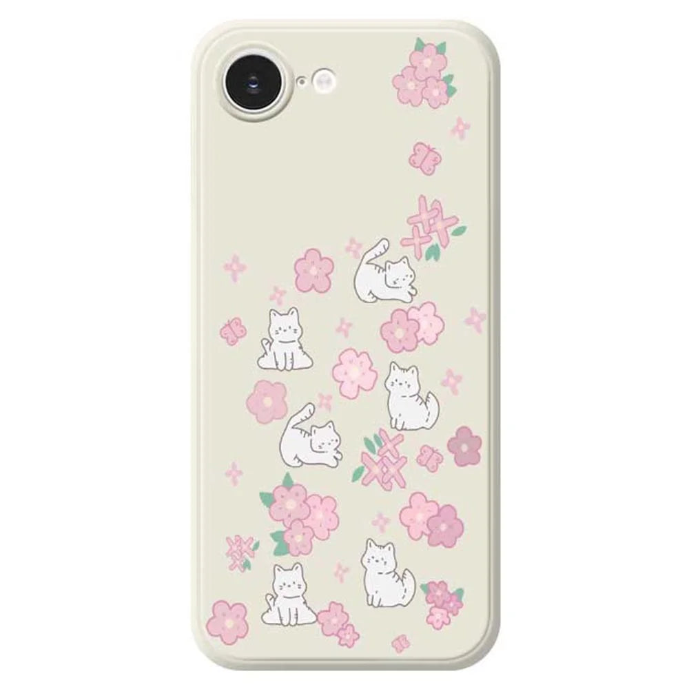 For iPhone 17e / 16e Case Cute Cat Play Garden Pattern Printing Straight Edge TPU Phone Back Cover - Beige - 1