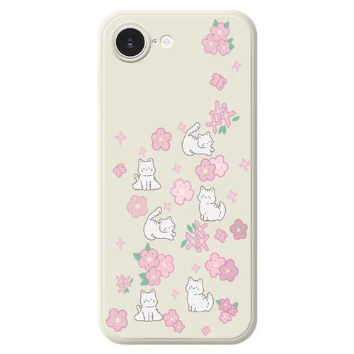 For iPhone 17e / 16e Case Cute Cat Play Garden Pattern Printing Straight Edge TPU Phone Back Cover - Beige - 1