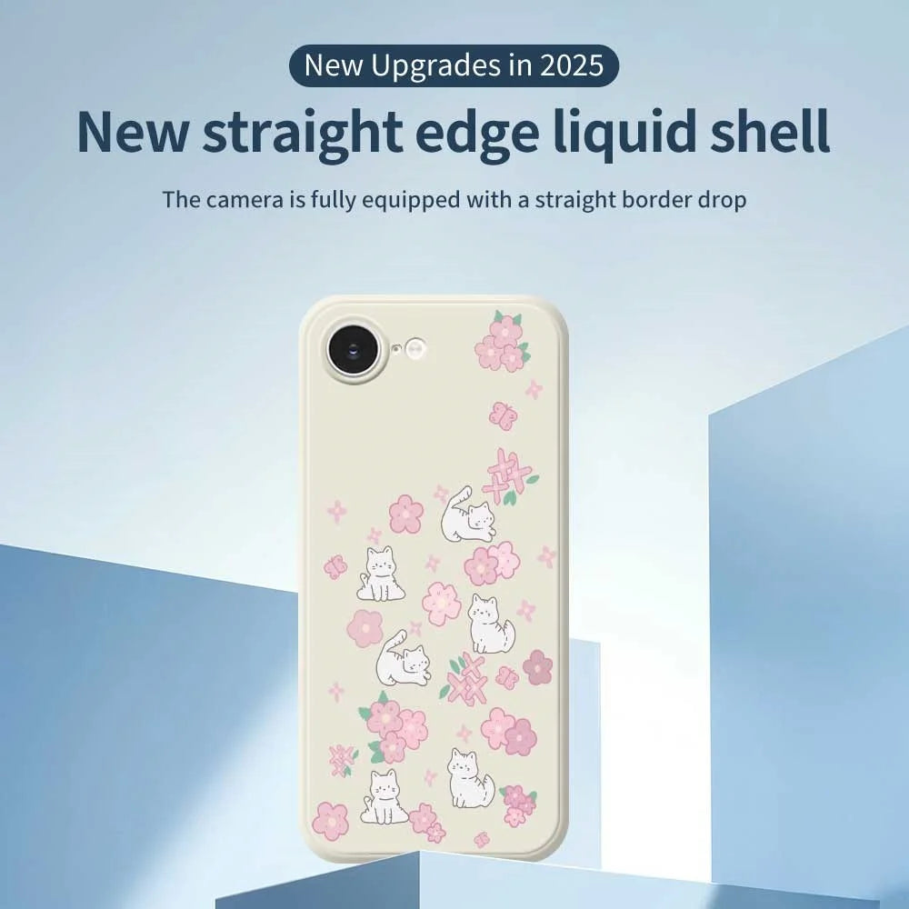 For iPhone 17e / 16e Case Cute Cat Play Garden Pattern Printing Straight Edge TPU Phone Back Cover - Beige - 2