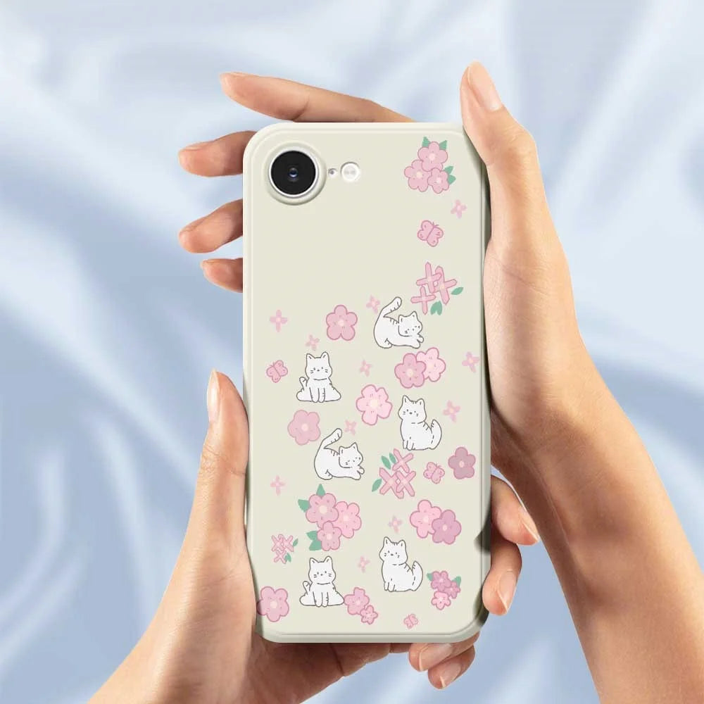 For iPhone 17e / 16e Case Cute Cat Play Garden Pattern Printing Straight Edge TPU Phone Back Cover - Beige - 4