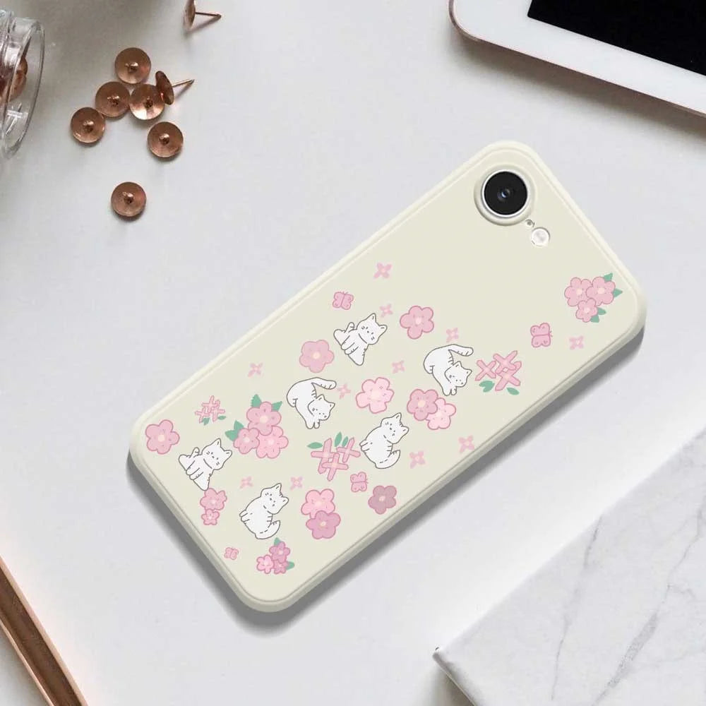 For iPhone 17e / 16e Case Cute Cat Play Garden Pattern Printing Straight Edge TPU Phone Back Cover - Beige - 6