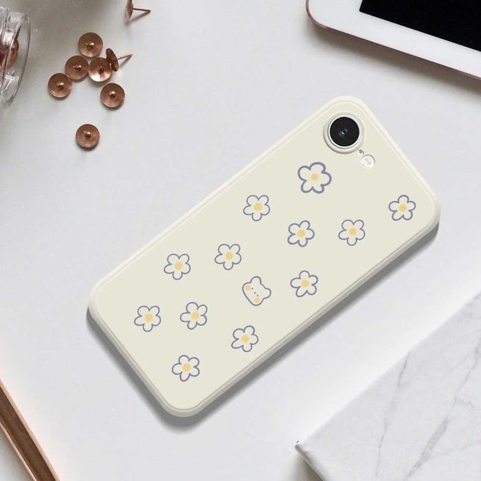 For iPhone 17e / 16e Case Cute Floral Bear Pattern Printing Straight Edge TPU Phone Back Cover - Beige - 6