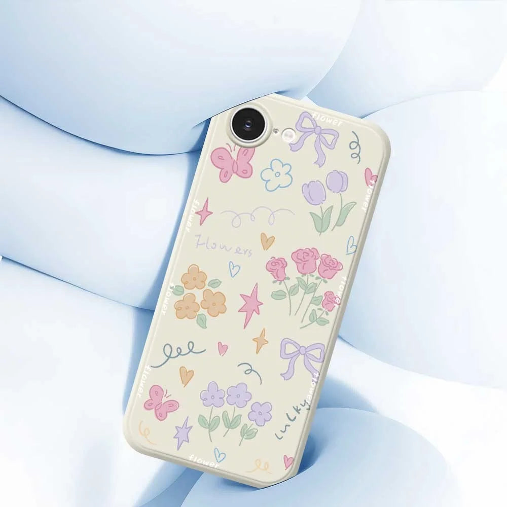 For iPhone 17e / 16e Case Cute Lucky Flowers Pattern Printing Straight Edge TPU Phone Back Cover - Beige - 7