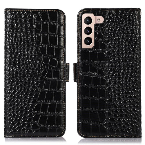 For Samsung Galaxy S23+ Crocodile Texture Wallet Flip Cover Genuine Cowhide Leather Stand RFID Blocking Magnetic Phone Case - Black - 1