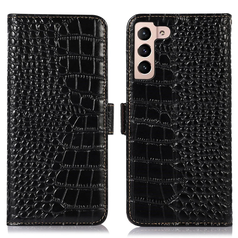 For Samsung Galaxy S23+ Crocodile Texture Wallet Flip Cover Genuine Cowhide Leather Stand RFID Blocking Magnetic Phone Case - Black - 1