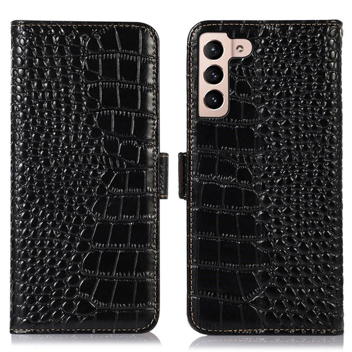 For Samsung Galaxy S23+ Crocodile Texture Wallet Flip Cover Genuine Cowhide Leather Stand RFID Blocking Magnetic Phone Case - Black - 1