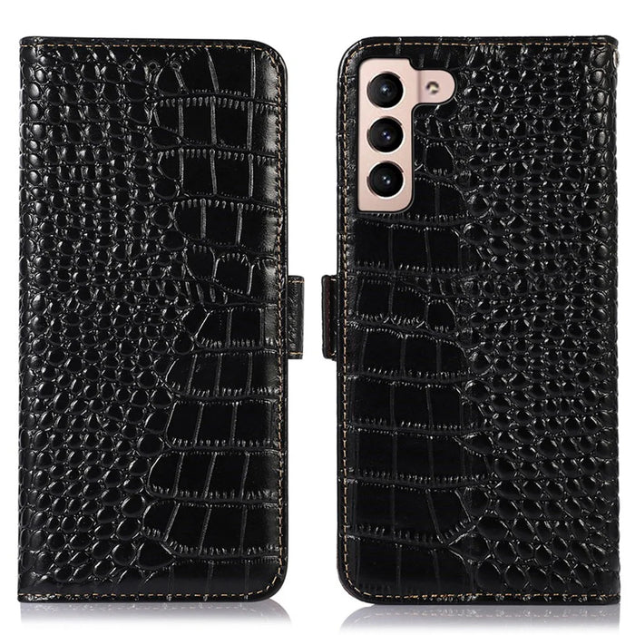 For Samsung Galaxy S23+ Crocodile Texture Wallet Flip Cover Genuine Cowhide Leather Stand RFID Blocking Magnetic Phone Case - Black - 1