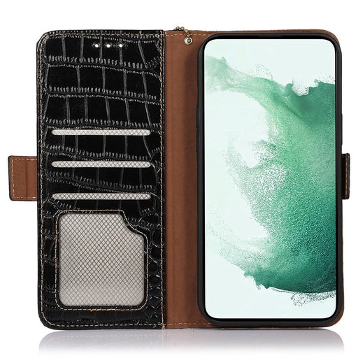 For Samsung Galaxy S23+ Crocodile Texture Wallet Flip Cover Genuine Cowhide Leather Stand RFID Blocking Magnetic Phone Case - Black - 2