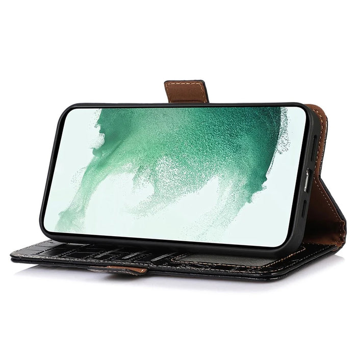 For Samsung Galaxy S23+ Crocodile Texture Wallet Flip Cover Genuine Cowhide Leather Stand RFID Blocking Magnetic Phone Case - Black - 3