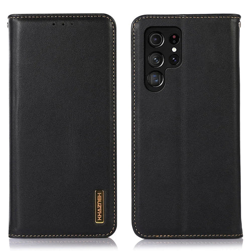 KHAZNEH For Samsung Galaxy S23 Ultra Genuine Cowhide Leather Flip Cover Nappa Texture Stand Magnetic Auto-absorbed Wallet Protective Phone Case - Black - 1