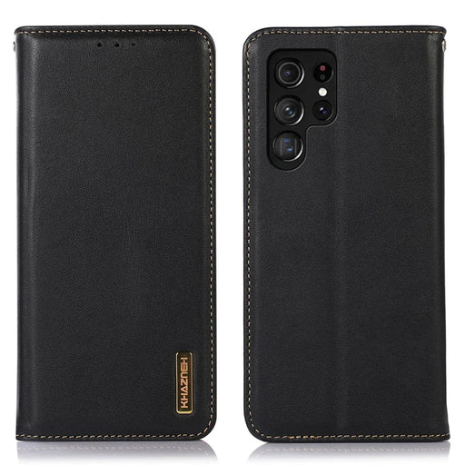 KHAZNEH For Samsung Galaxy S23 Ultra Genuine Cowhide Leather Flip Cover Nappa Texture Stand Magnetic Auto-absorbed Wallet Protective Phone Case - Black - 1