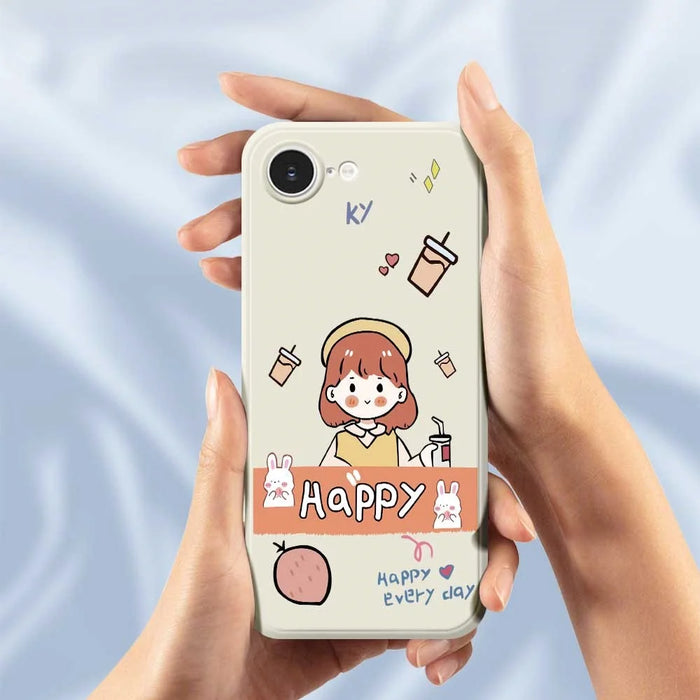 For iPhone 17e / 16e Case Happy Girl Pattern Printing Straight Edge TPU Phone Back Cover - Beige - 6