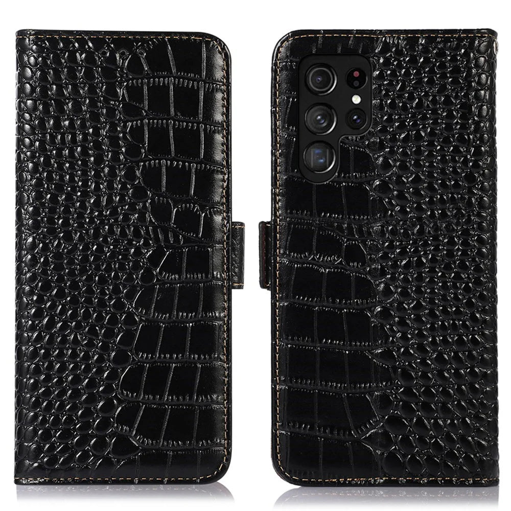 For Samsung Galaxy S23 Ultra Genuine Cowhide Leather Wallet Case Crocodile Texture RFID Blocking Stand Magnetic Flip Phone Cover - Black - 1