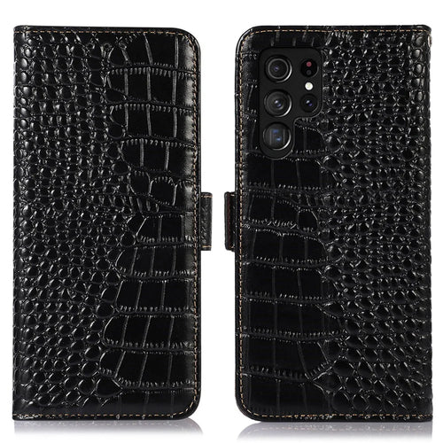 For Samsung Galaxy S23 Ultra Genuine Cowhide Leather Wallet Case Crocodile Texture RFID Blocking Stand Magnetic Flip Phone Cover - Black - 1